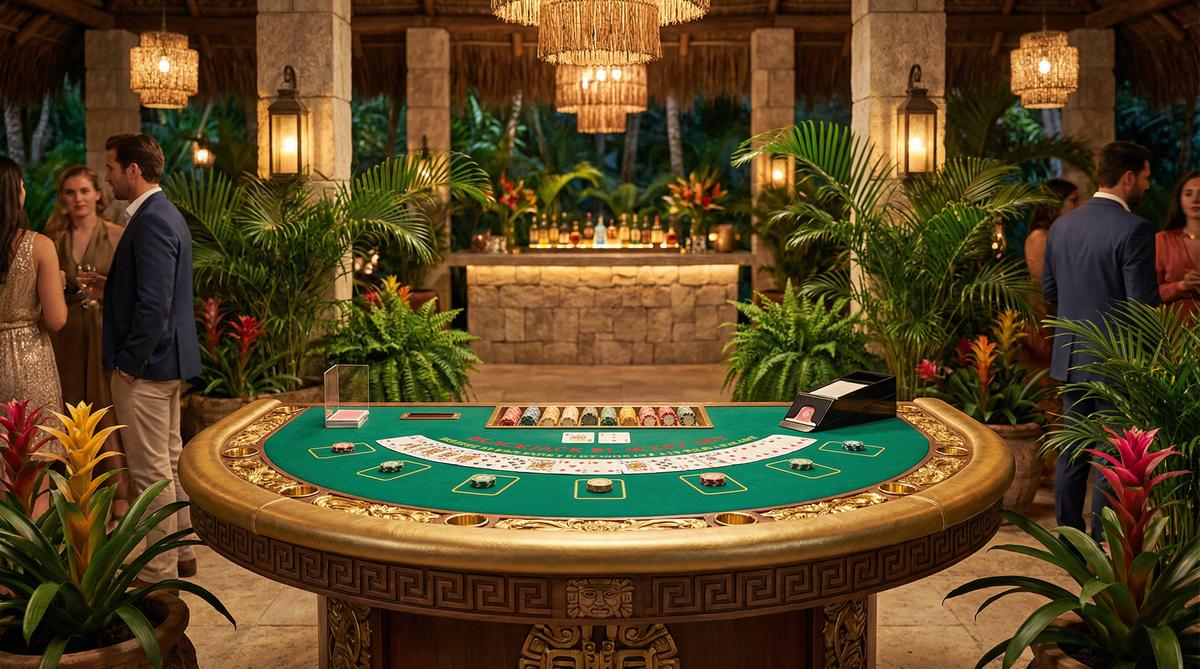 Mesa de blackjack elegante en casino con ambiente tropical mexicano