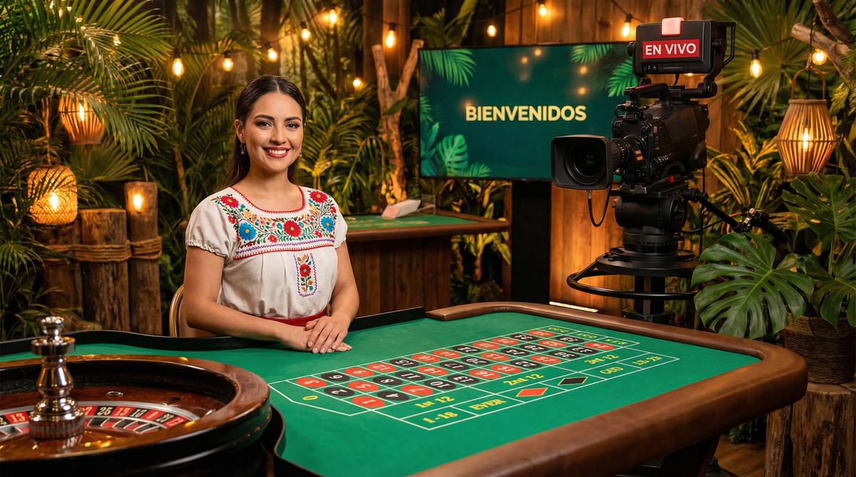 Crupier profesional en el casino en vivo de Betmotion App con decoración tropical
